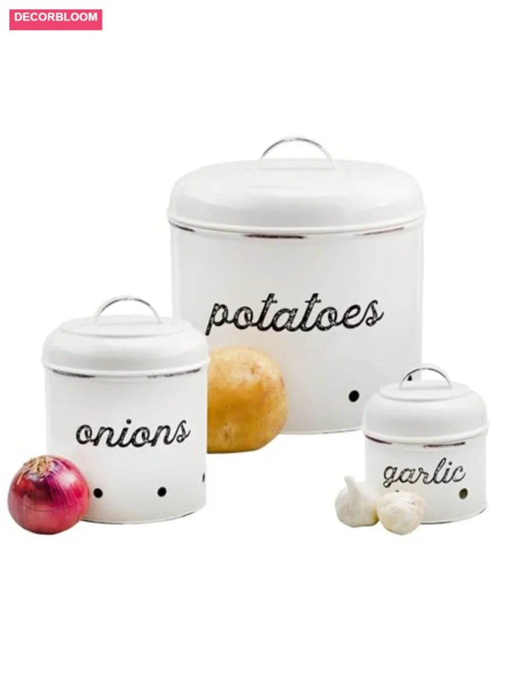 Rustic White Enamelware Potato Onion Garlic Canister Set of 3